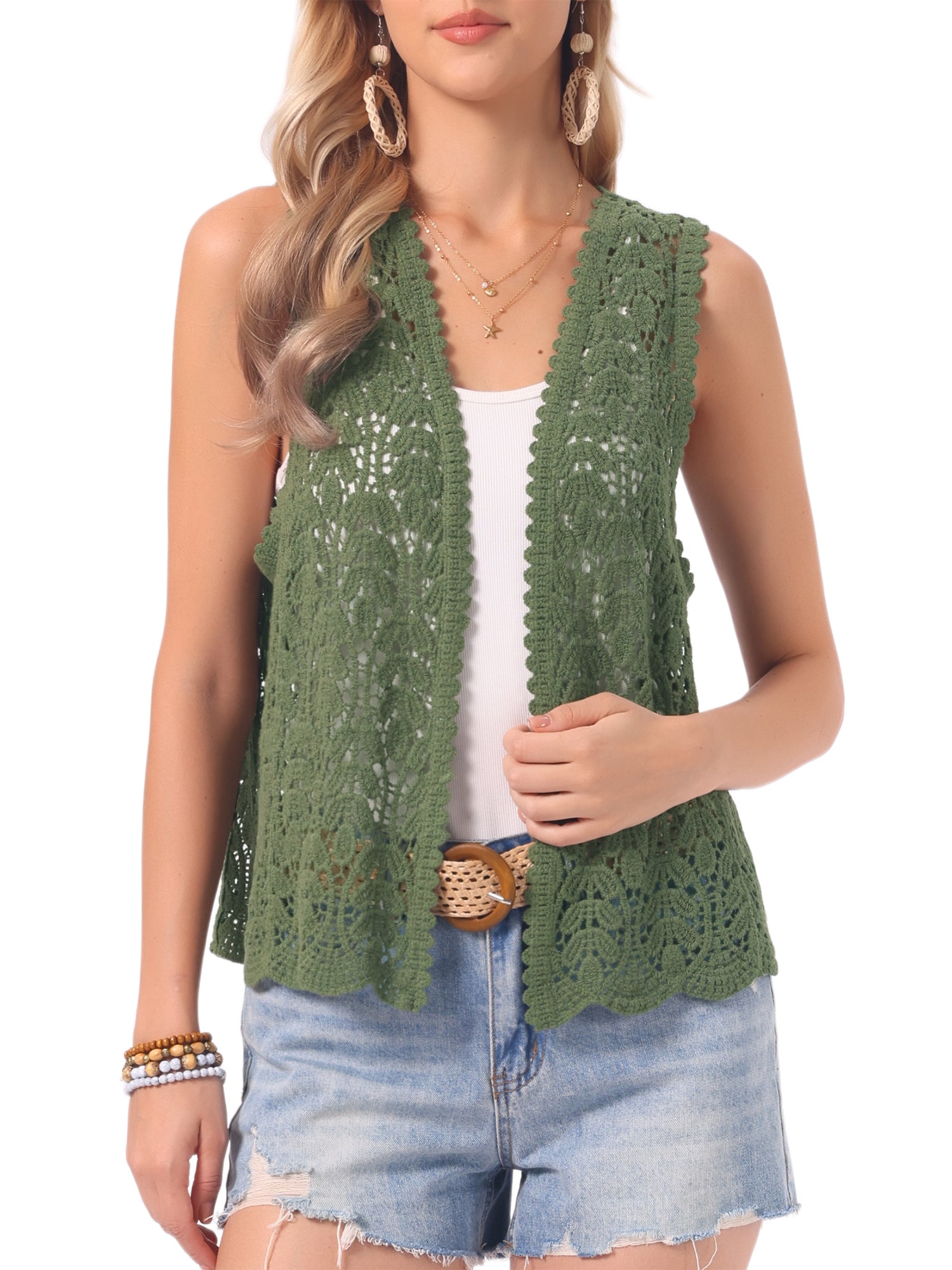Floral Crochet Hollow Out Sleeveless Open Front Boho Vest Cardigan