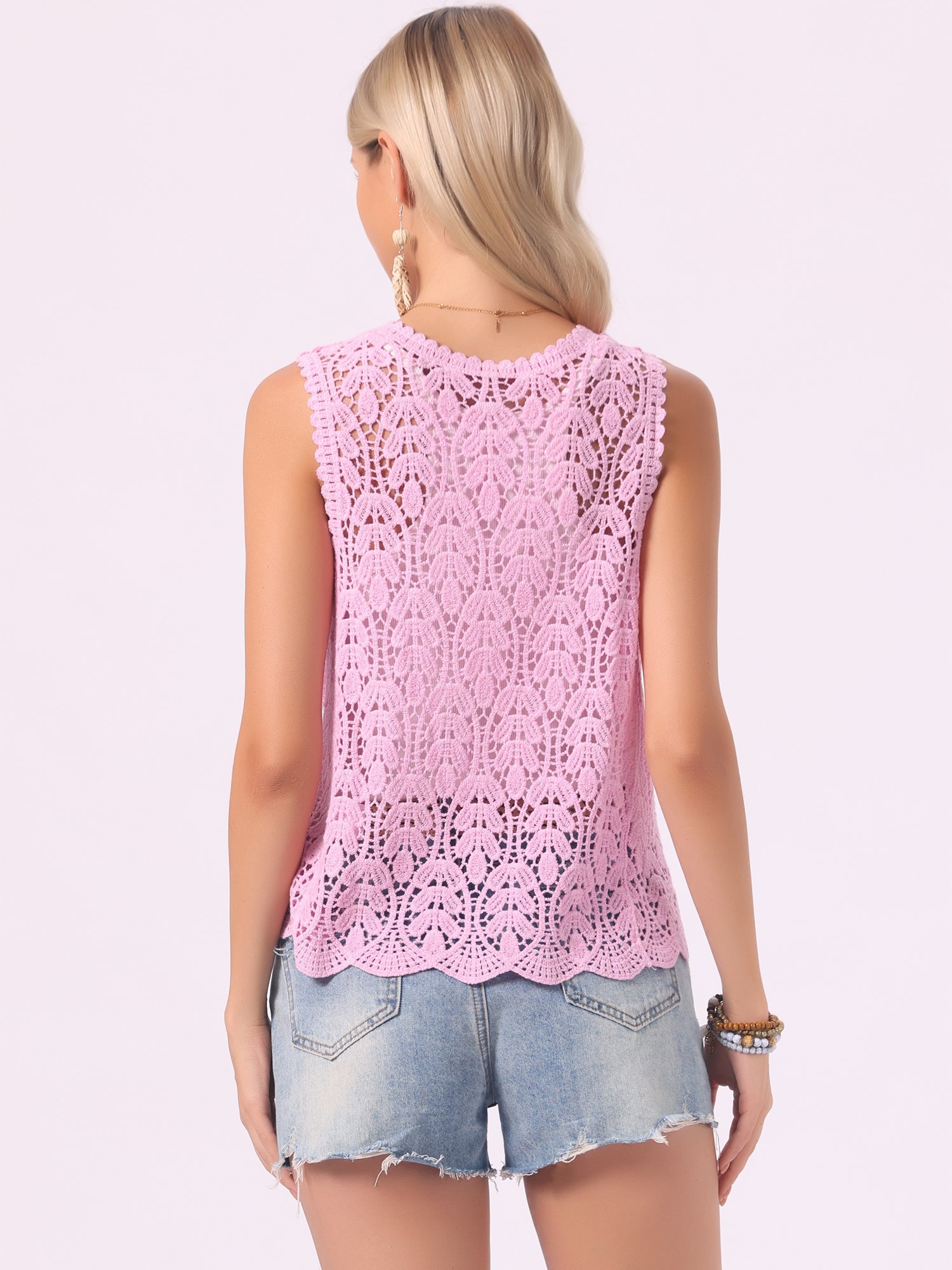 Floral Crochet Hollow Out Sleeveless Open Front Boho Vest Cardigan
