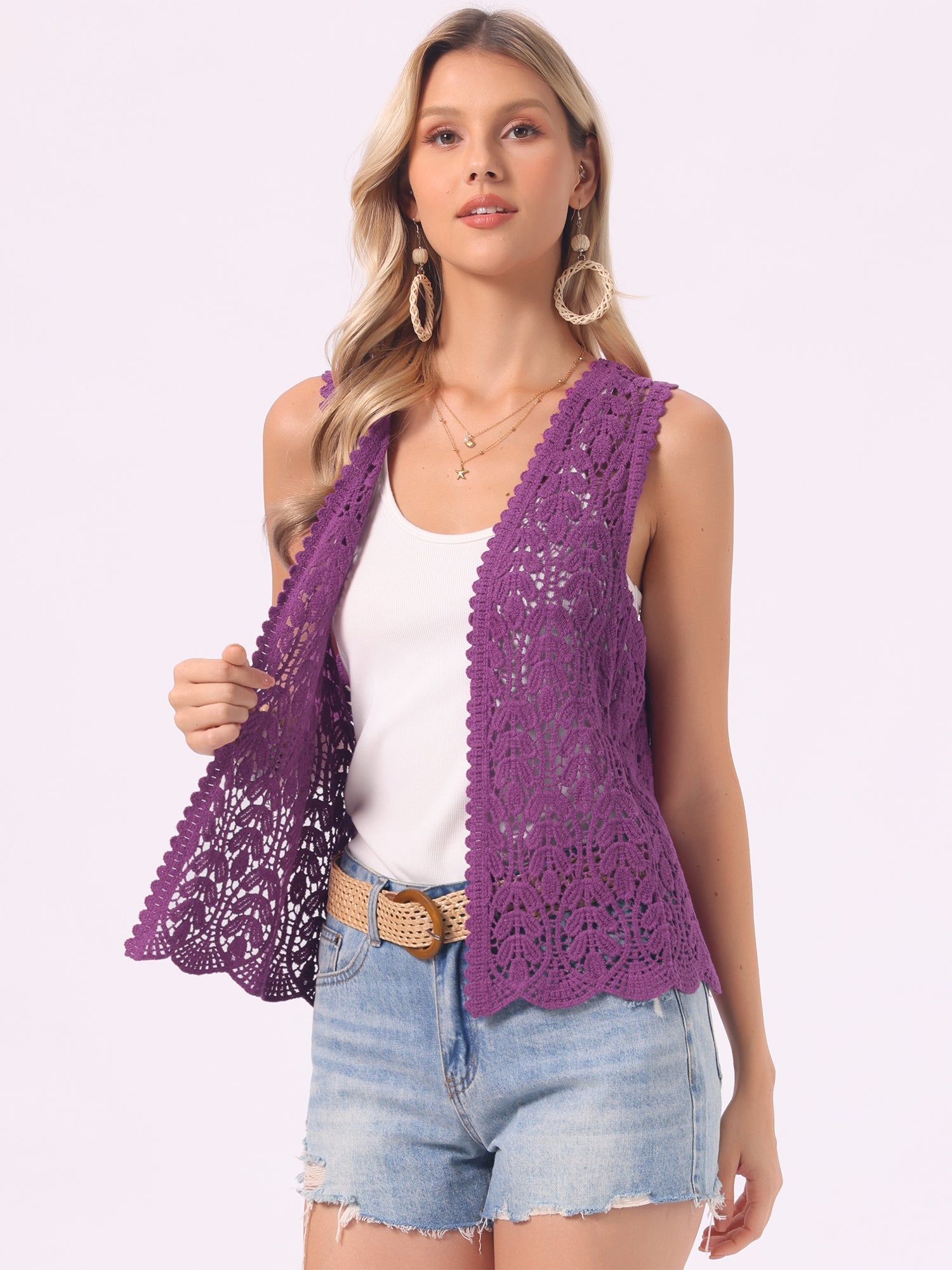 Floral Crochet Hollow Out Sleeveless Open Front Boho Vest Cardigan