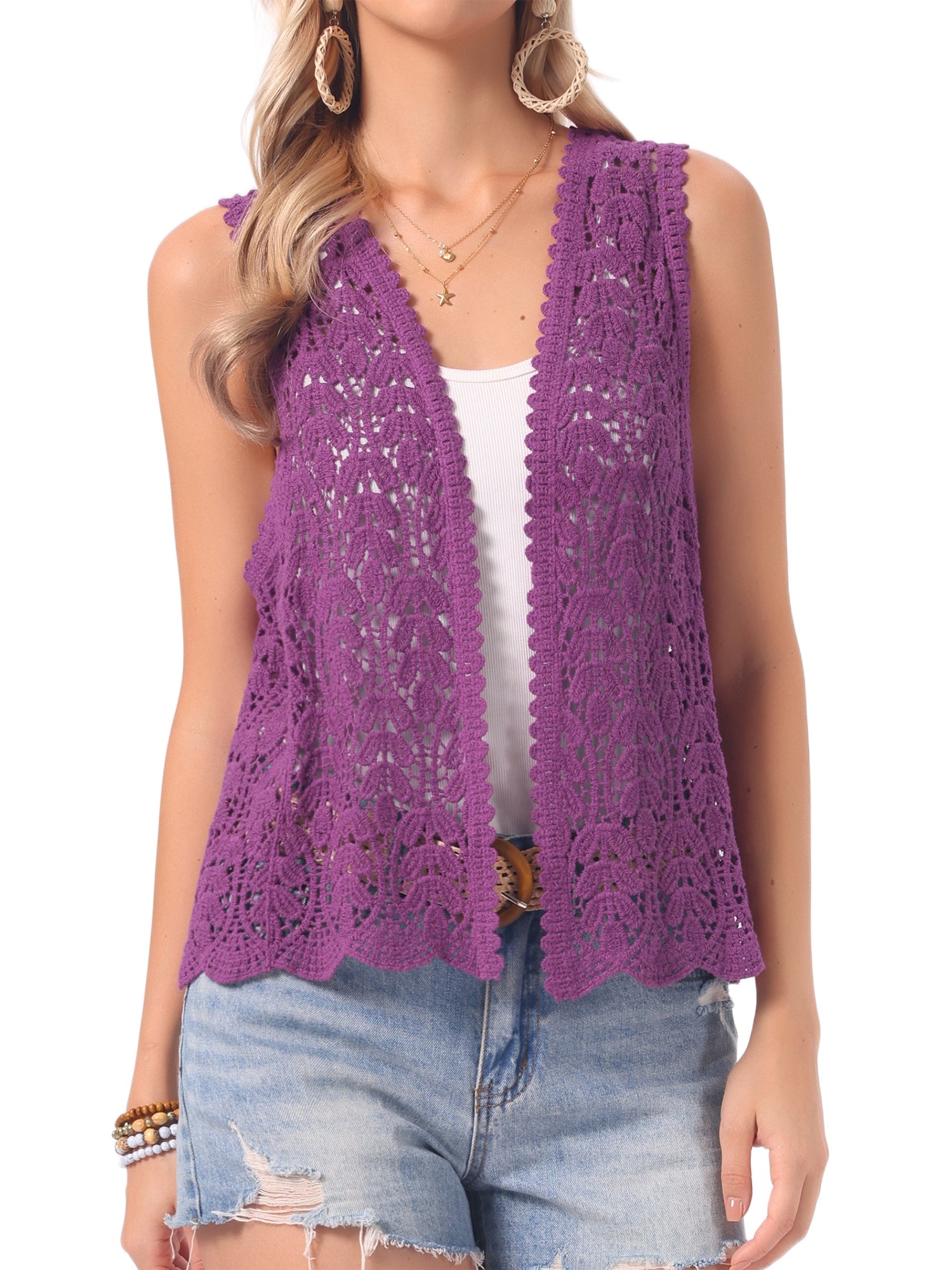 Floral Crochet Hollow Out Sleeveless Open Front Boho Vest Cardigan