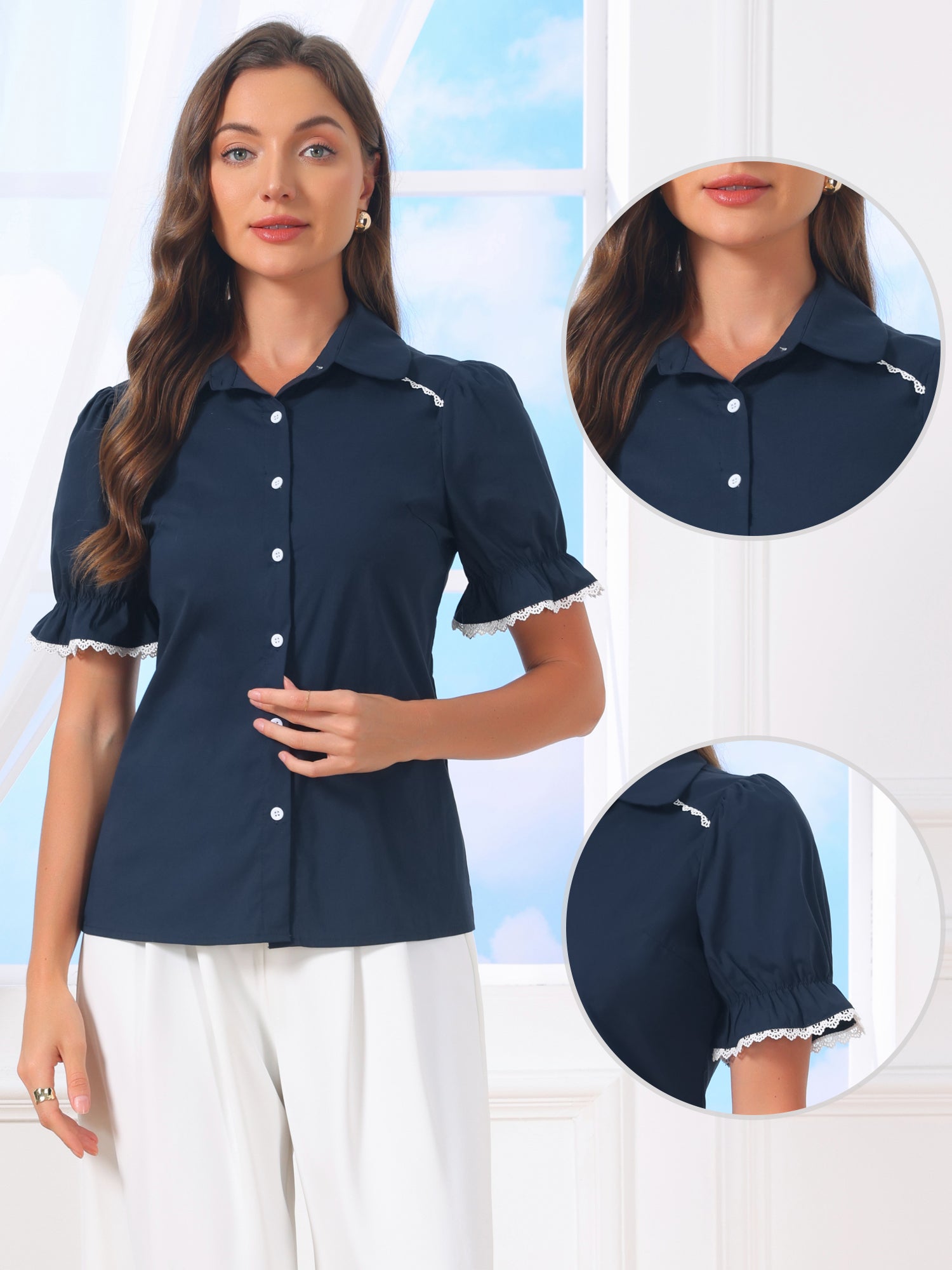 Vintage Peter Pan Collar Blouse Short Sleeve Button Down Shirt