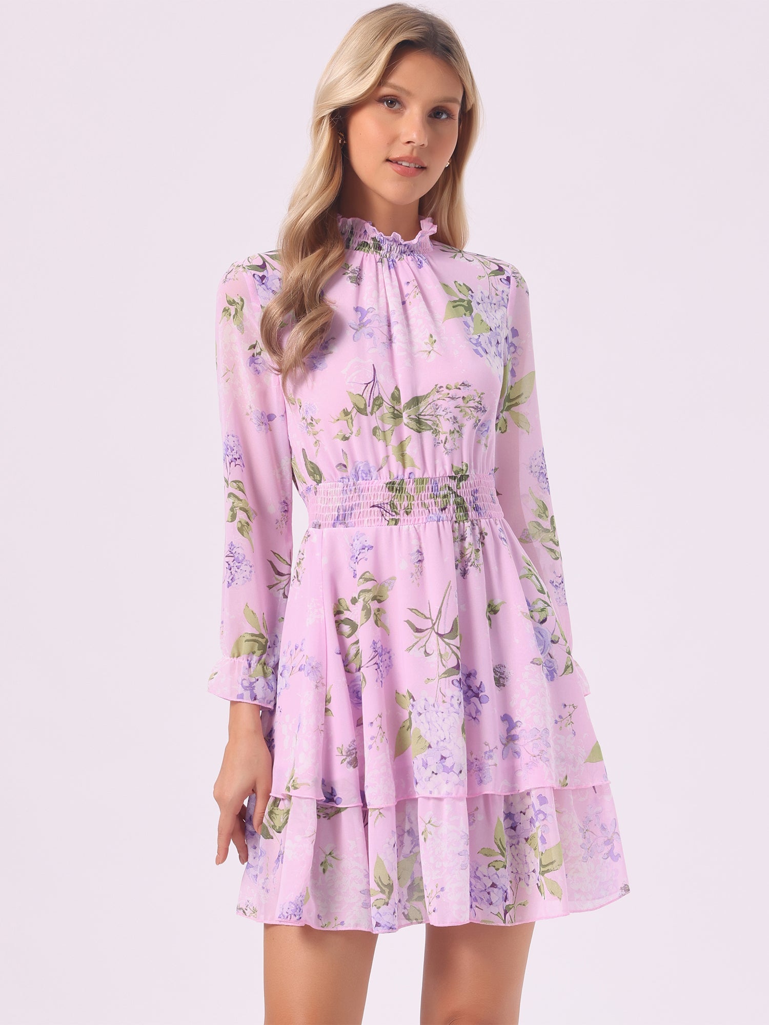 Floral Chiffon Long Sleeve Mock Neck Ruffle Layered Mini Dress