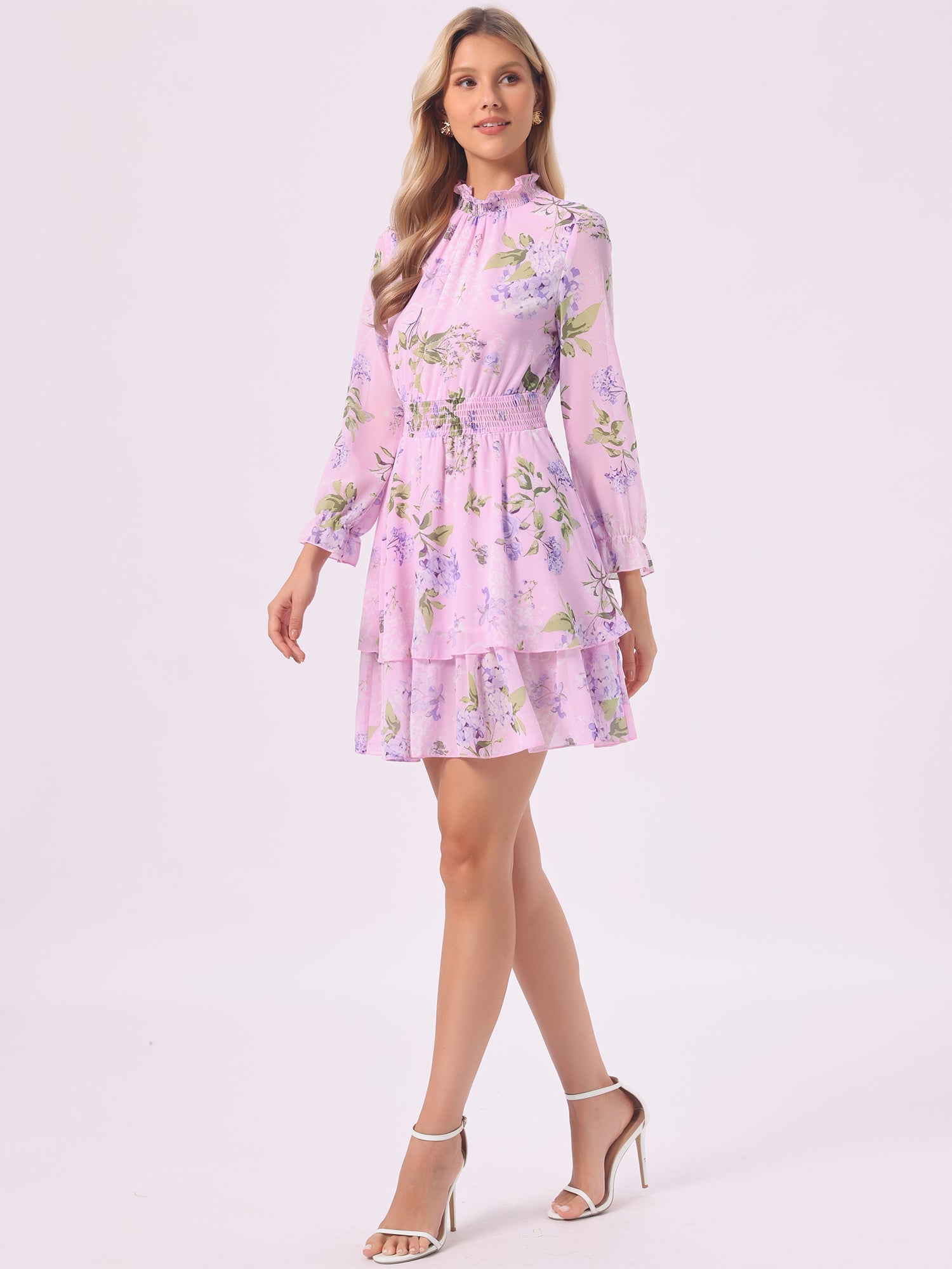 Floral Chiffon Long Sleeve Mock Neck Ruffle Layered Mini Dress