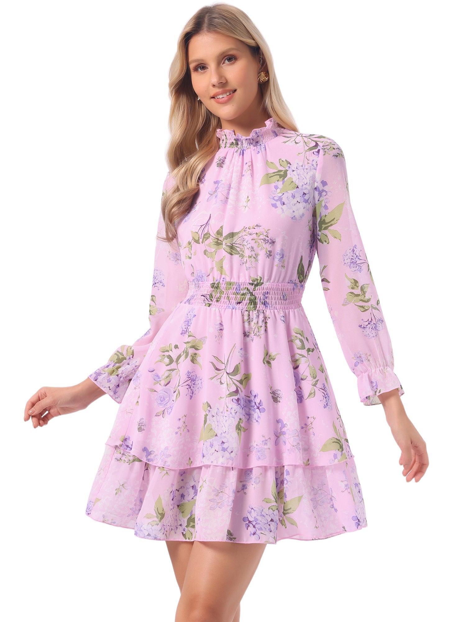 Floral Chiffon Long Sleeve Mock Neck Ruffle Layered Mini Dress