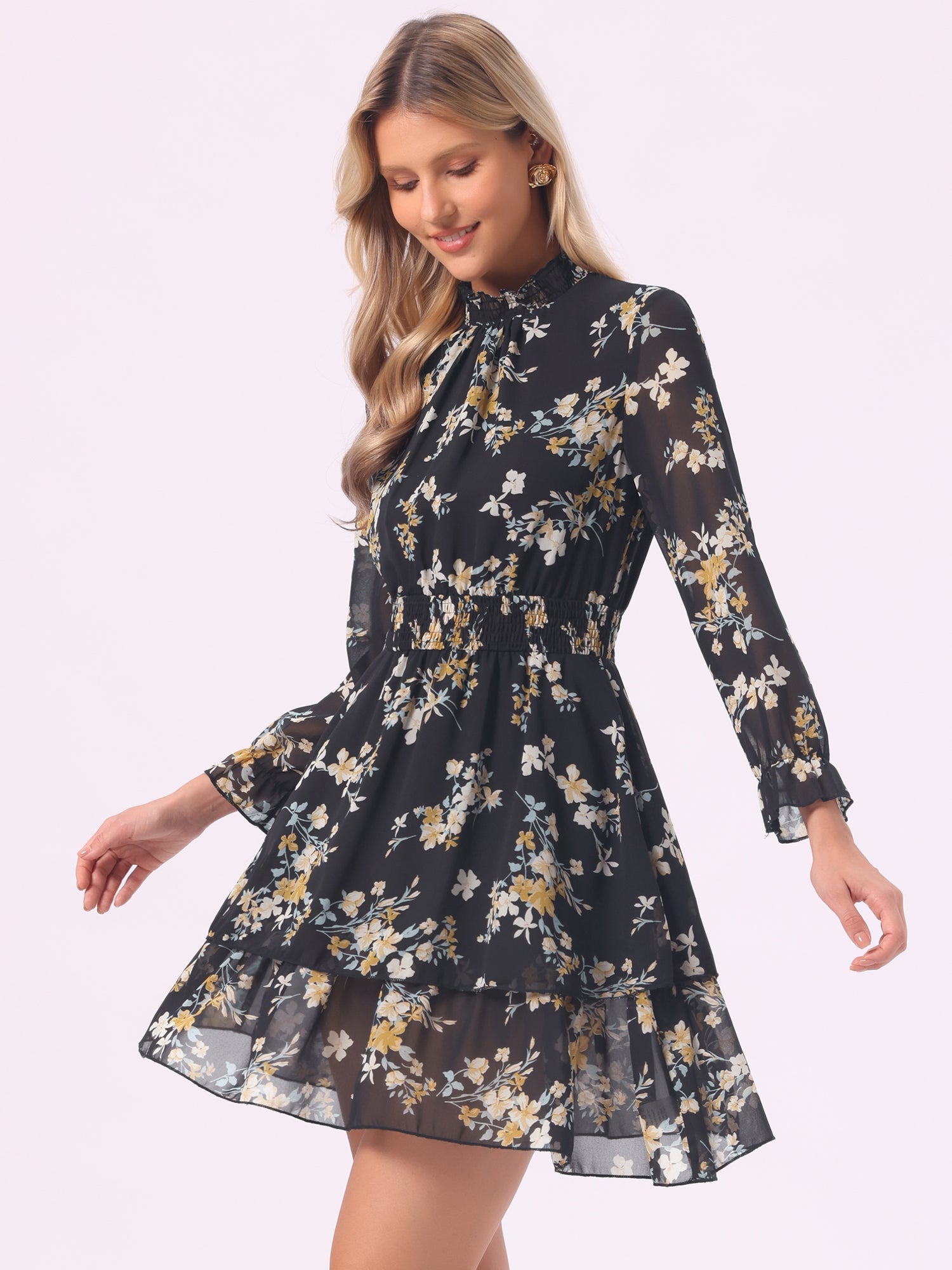 Floral Chiffon Long Sleeve Mock Neck Ruffle Layered Mini Dress