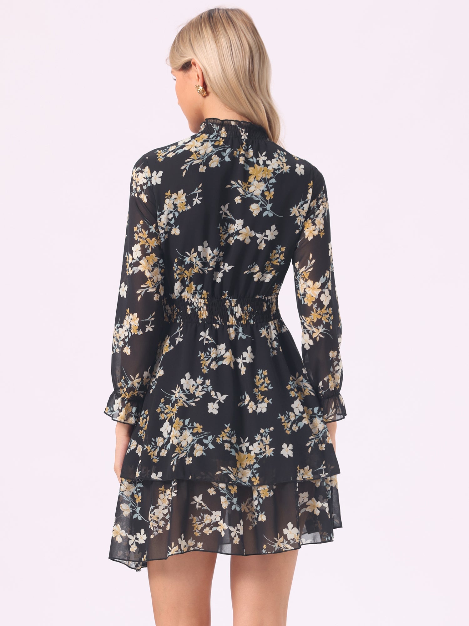 Floral Chiffon Long Sleeve Mock Neck Ruffle Layered Mini Dress