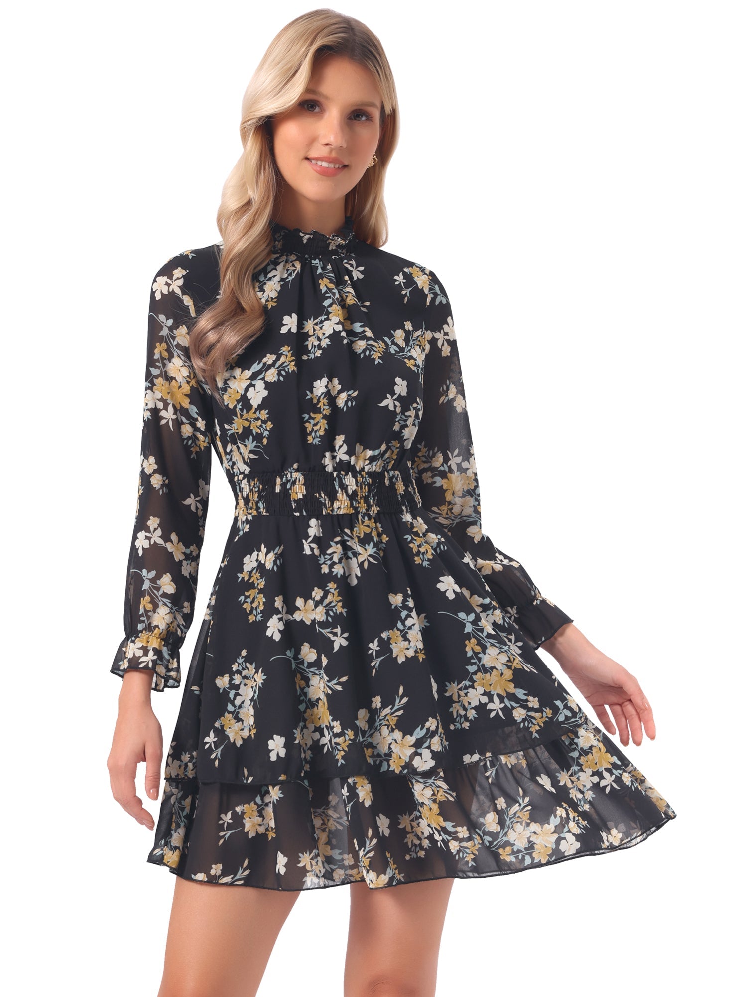 Floral Chiffon Long Sleeve Mock Neck Ruffle Layered Mini Dress