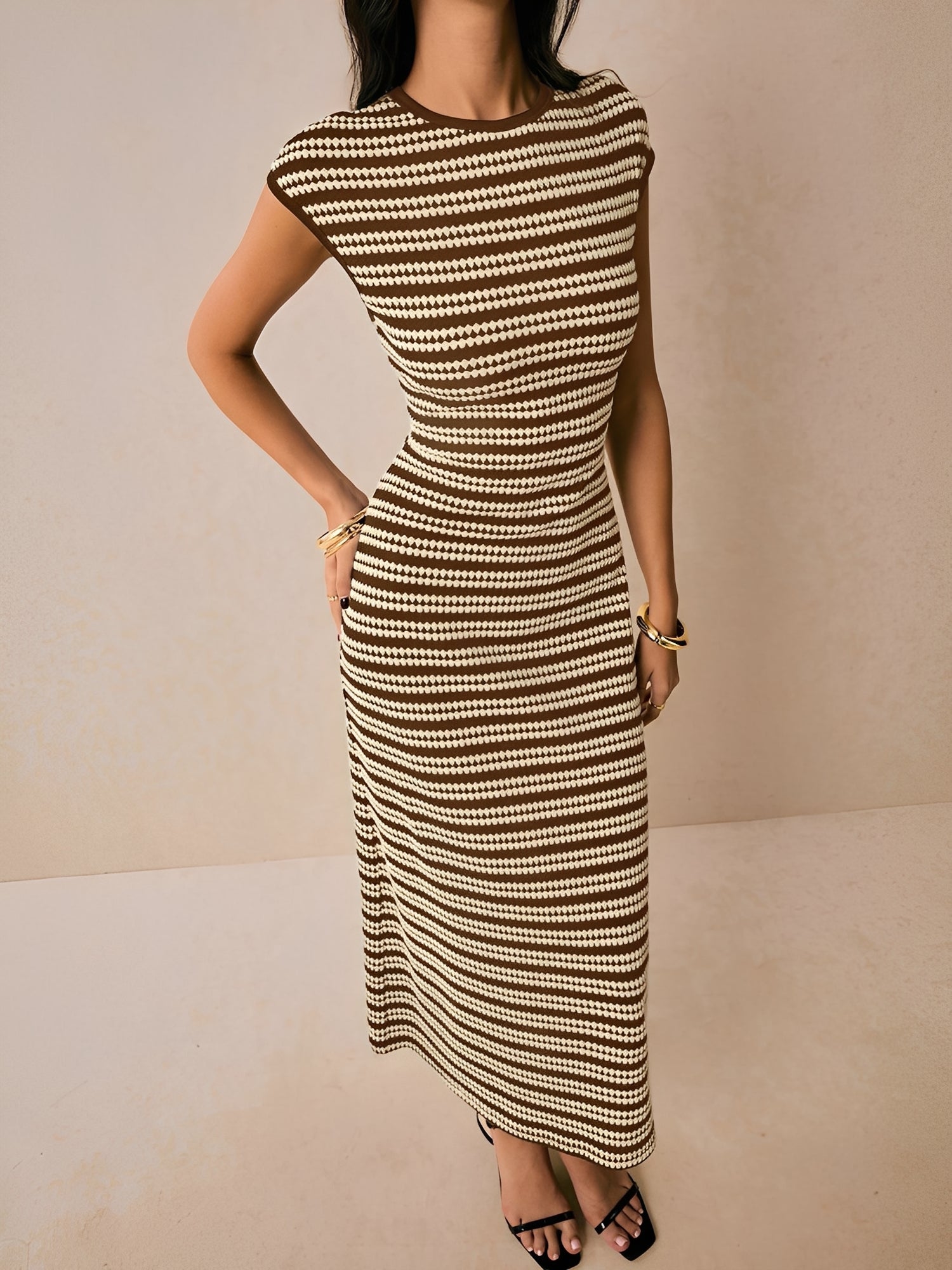 Striped Textured Boat Neck Cap Sleeves Dress