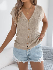 Solid Color Button Up V Neck Short Sleeves Knit Top