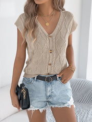 Solid Color Button Up V Neck Short Sleeves Knit Top