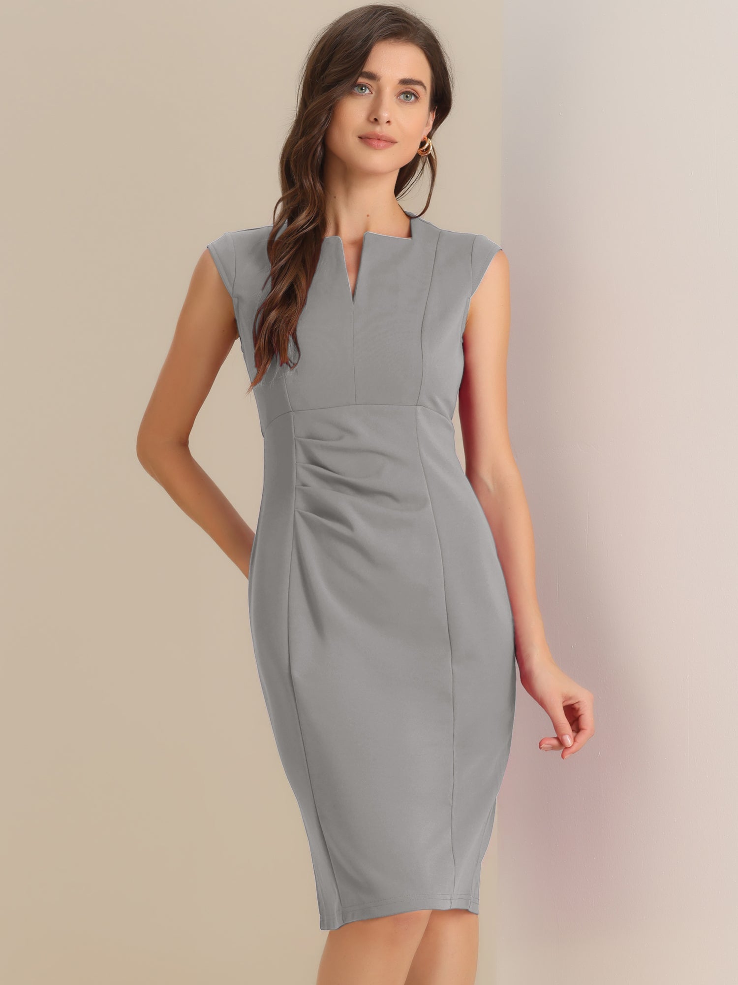 Sheath Pencil Sleeveless Pleated Front Elegant Business Dress