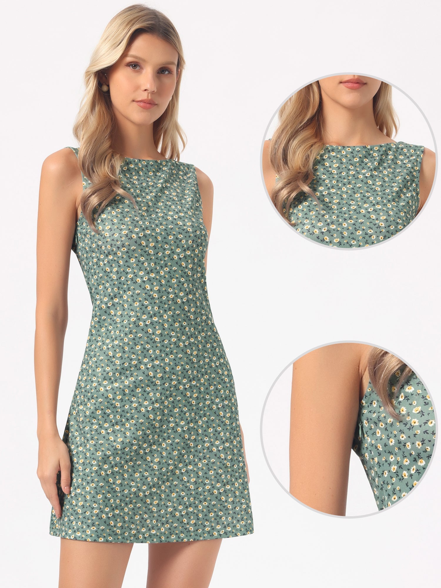 Floral Sleeveless Boat Neck A-Line Summer Mini Sundress