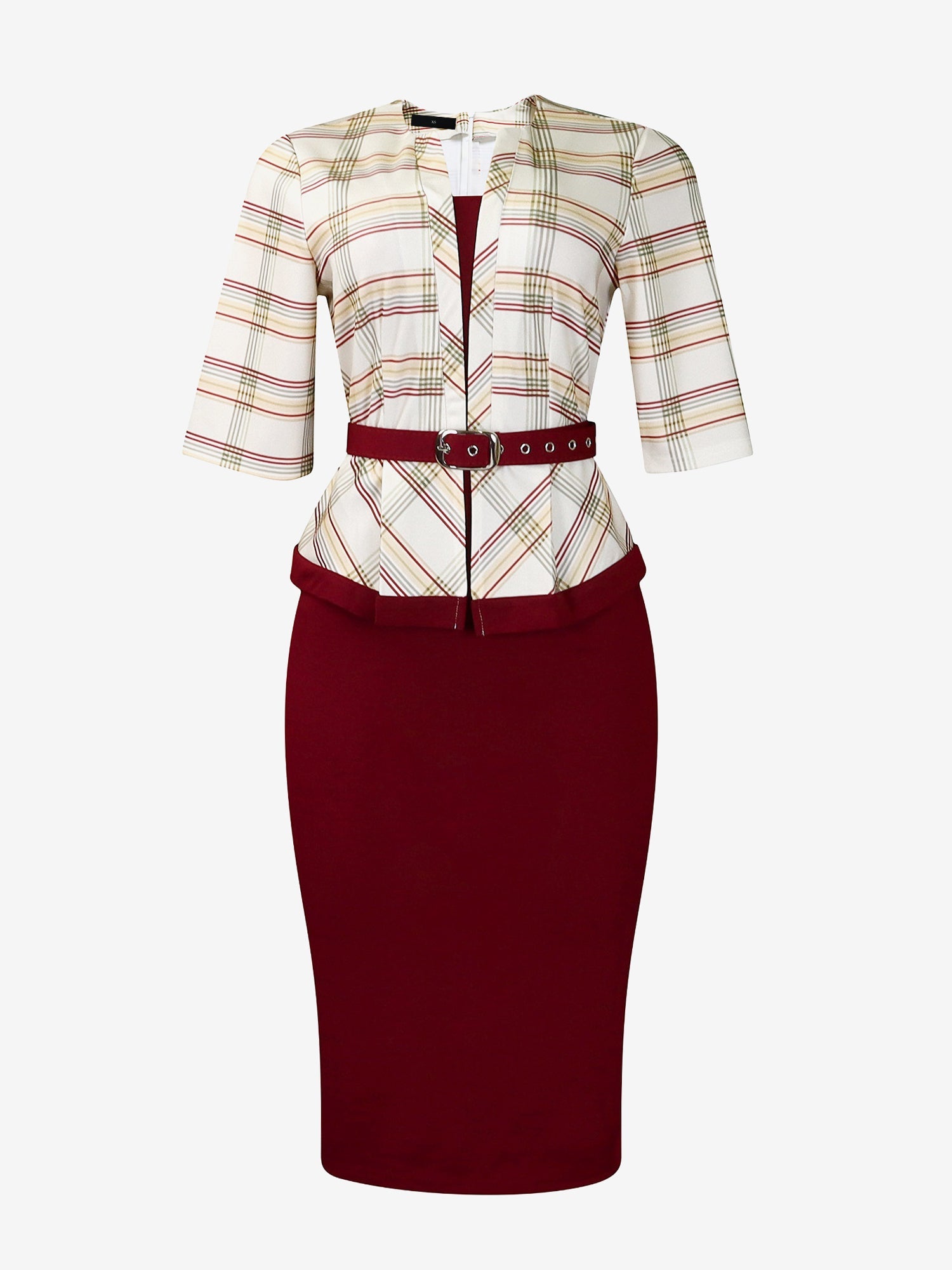 Work Patchwork 3/4 Sleeves Plaid Midi Sheath Dress