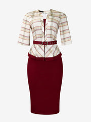 Work Patchwork 3/4 Sleeves Plaid Midi Sheath Dress