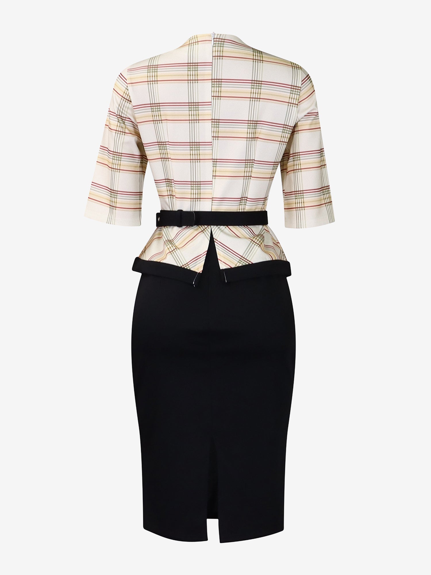 Work Patchwork 3/4 Sleeves Plaid Midi Sheath Dress