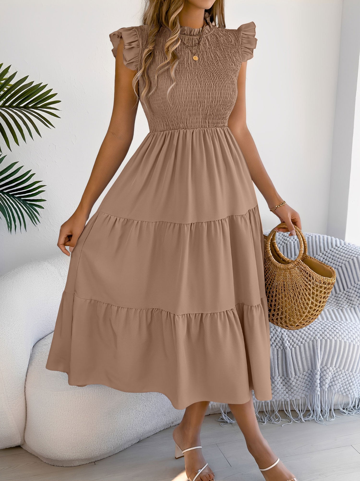 Ruffled Cap Sleeve Smocked Tiered A-Line Dress