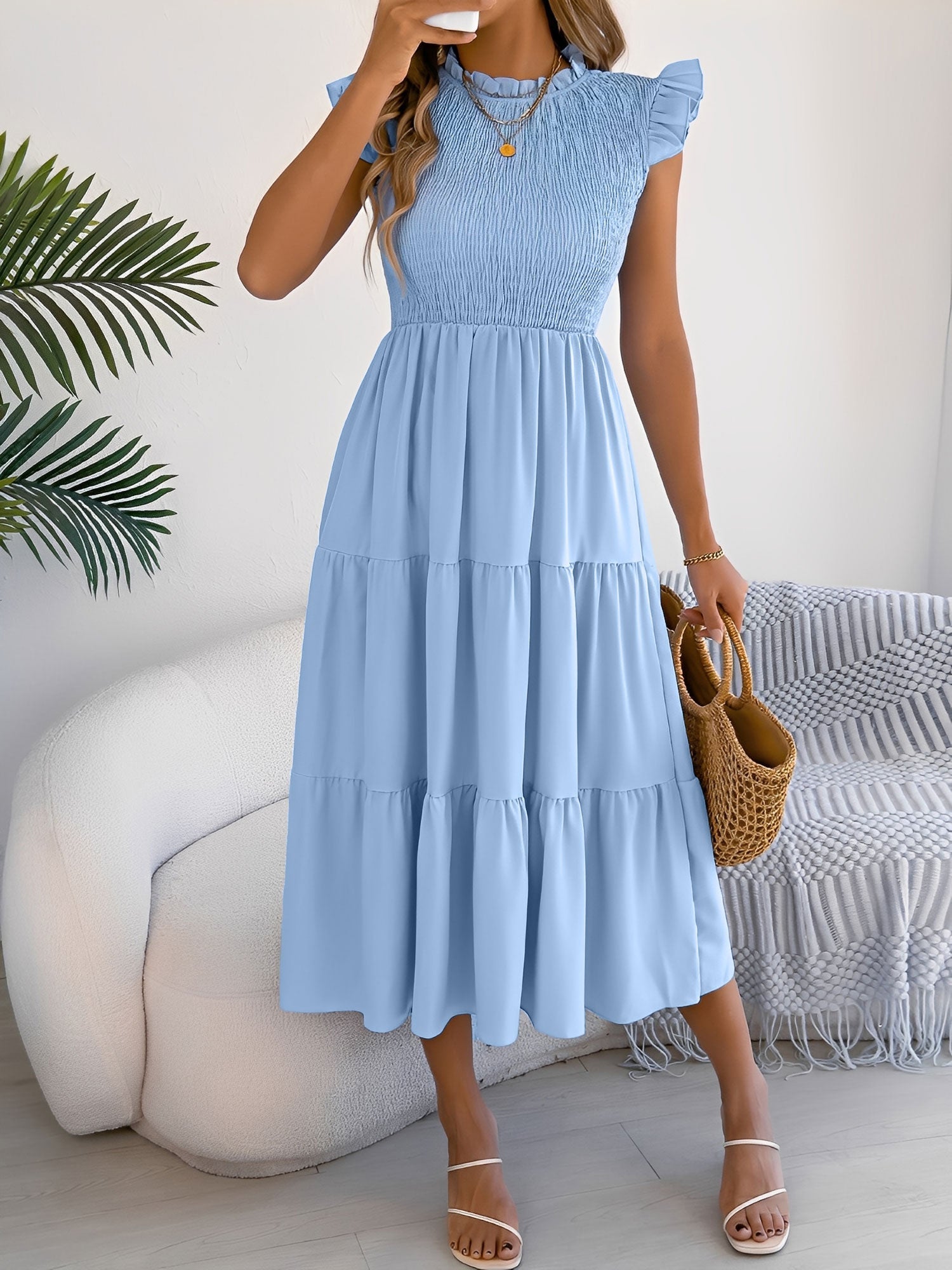 Ruffled Cap Sleeve Smocked Tiered A-Line Dress