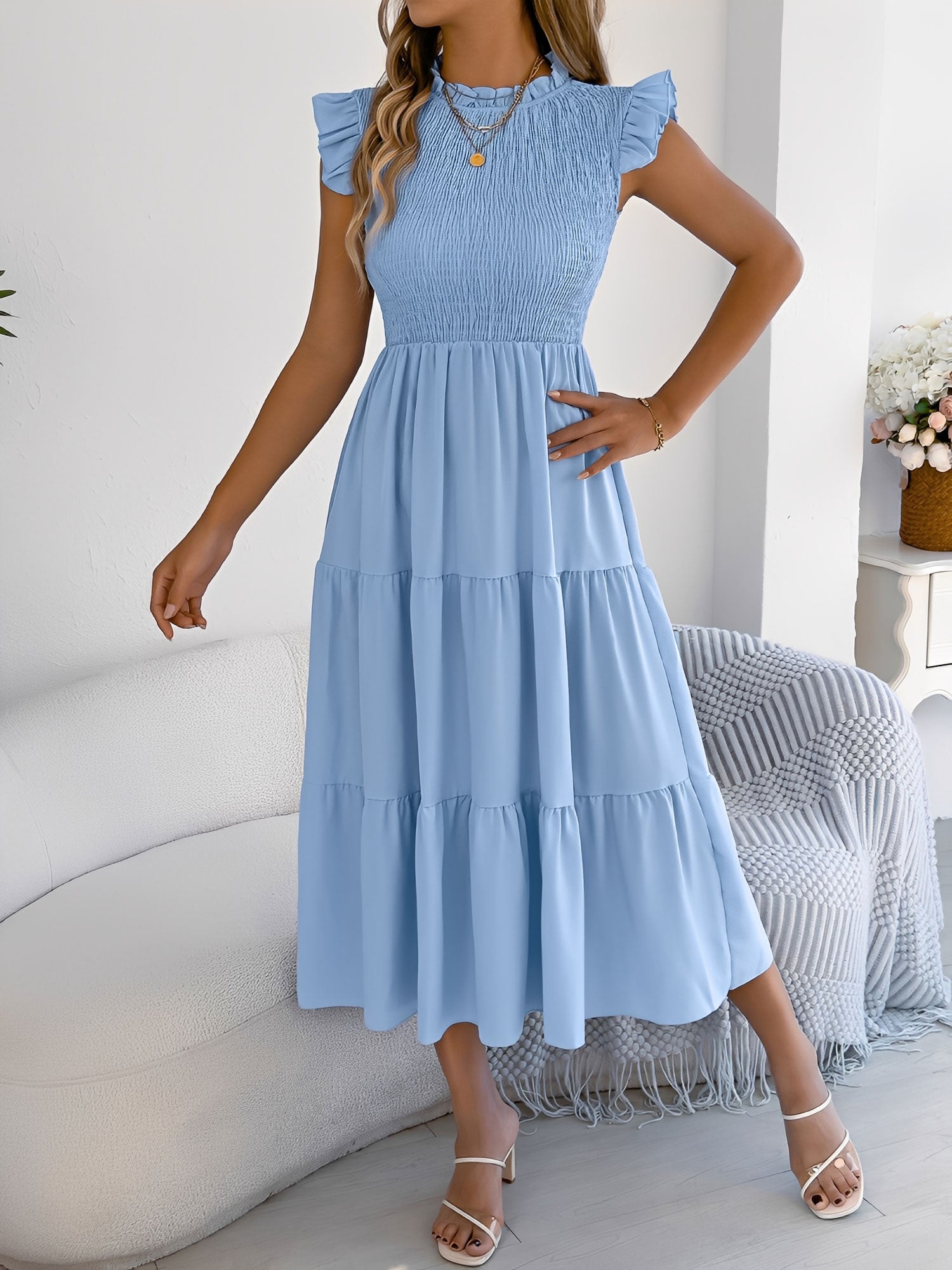 Ruffled Cap Sleeve Smocked Tiered A-Line Dress