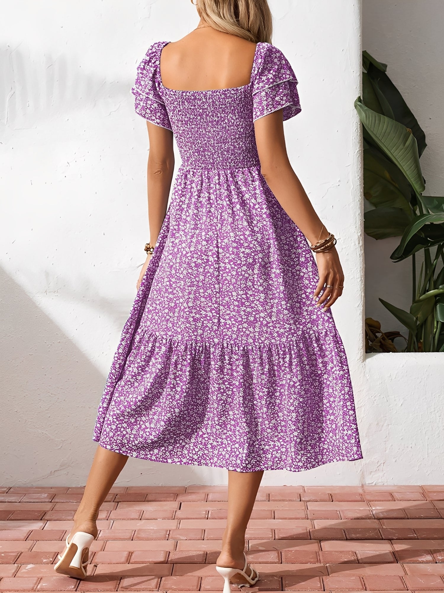 Square Neck Floral Smocked Off Shoulder A-Line Dress