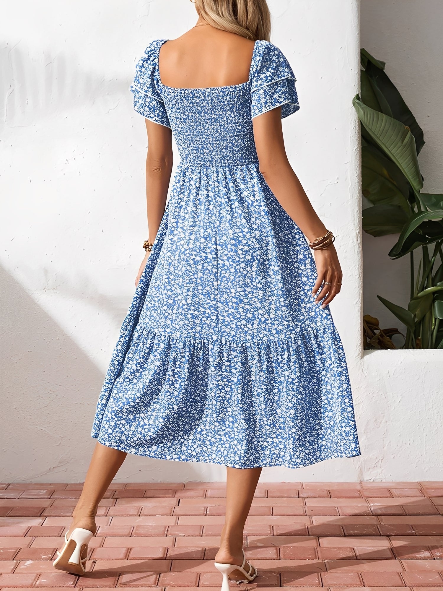 Square Neck Floral Smocked Off Shoulder A-Line Dress