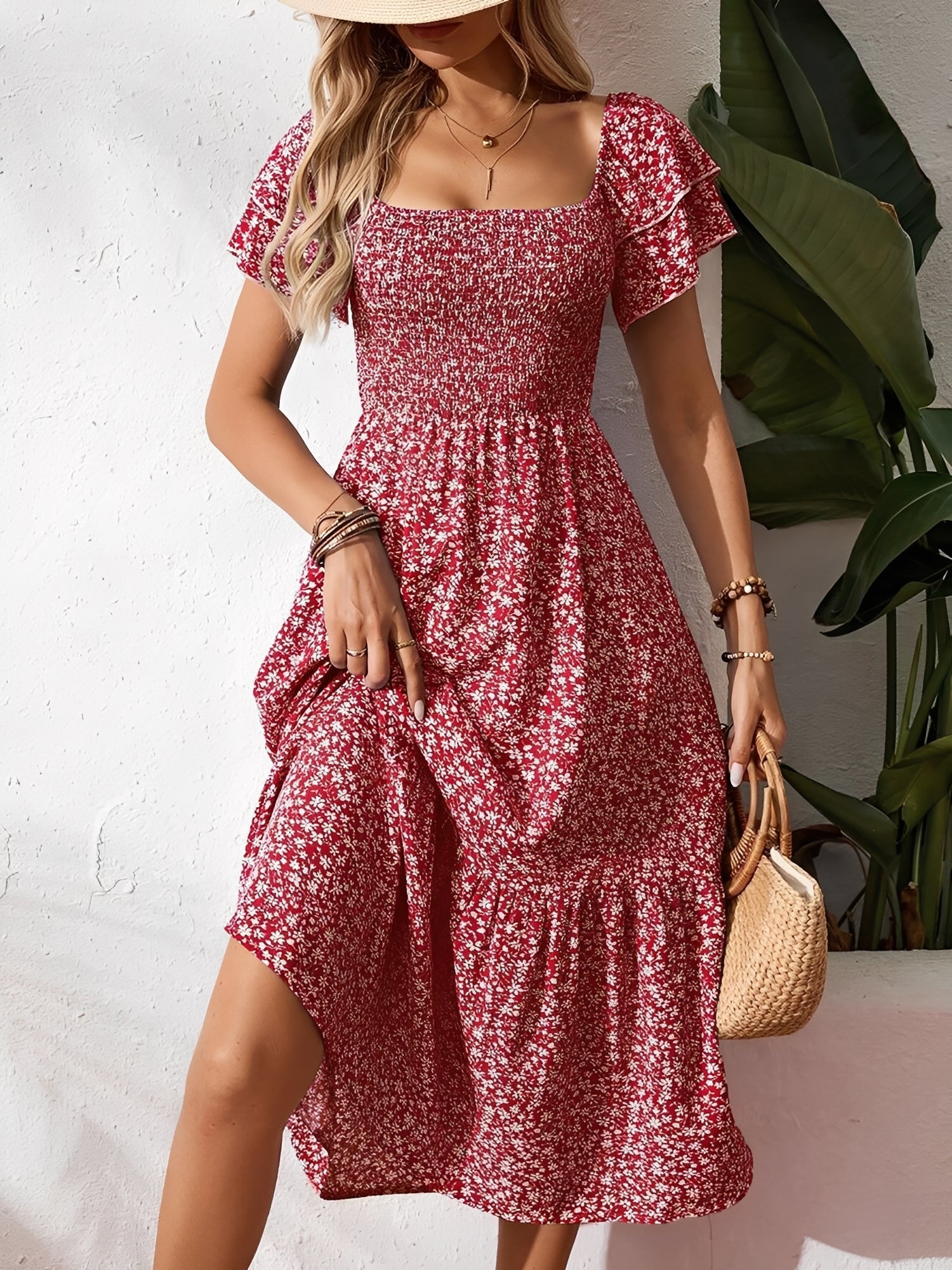 Square Neck Floral Smocked Off Shoulder A-Line Dress