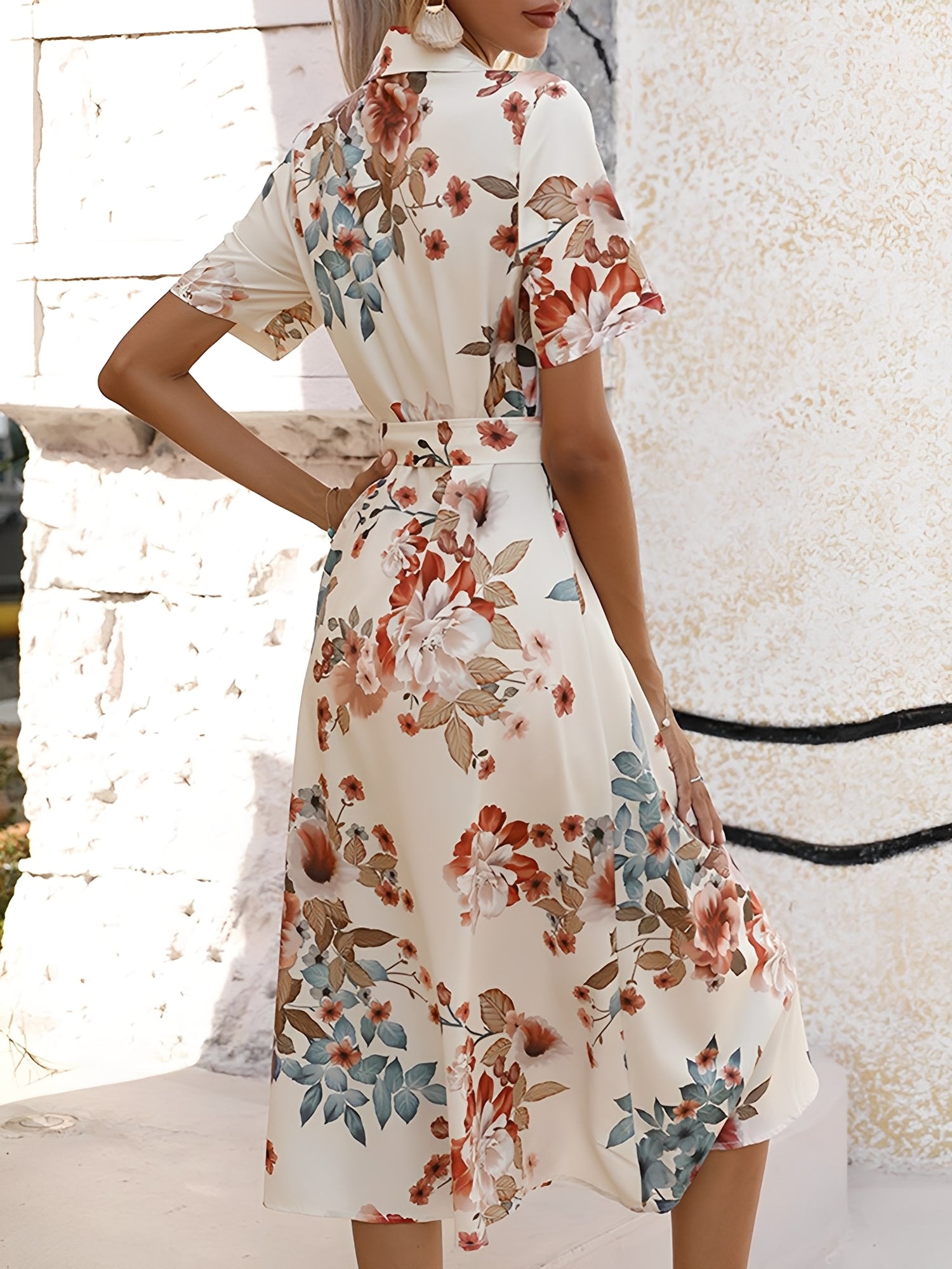 Floral Button Down Lace-Up Belted Shirt Dress