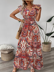 Boho Floral V Neck Ruffle Sleeves Smocked Long Dress