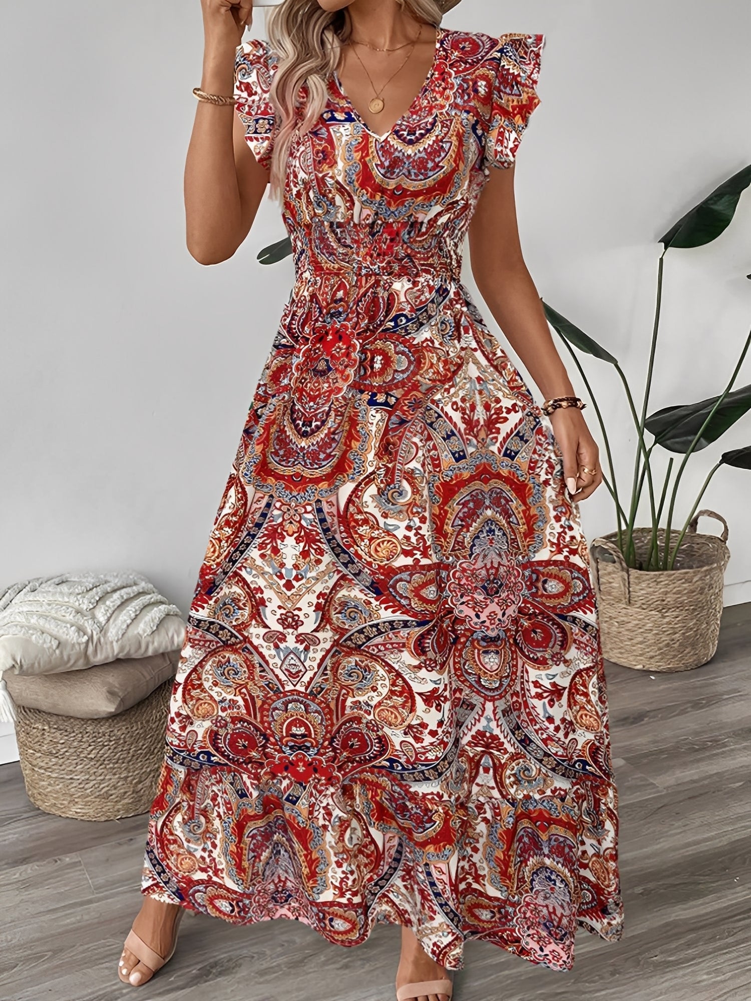 Boho Floral V Neck Ruffle Sleeves Smocked Long Dress