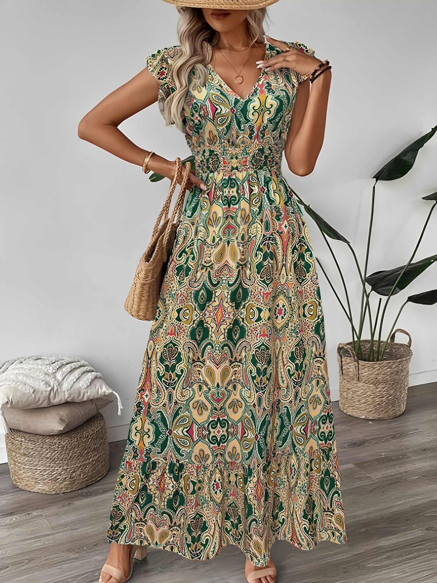 Boho Floral V Neck Ruffle Sleeves Smocked Long Dress