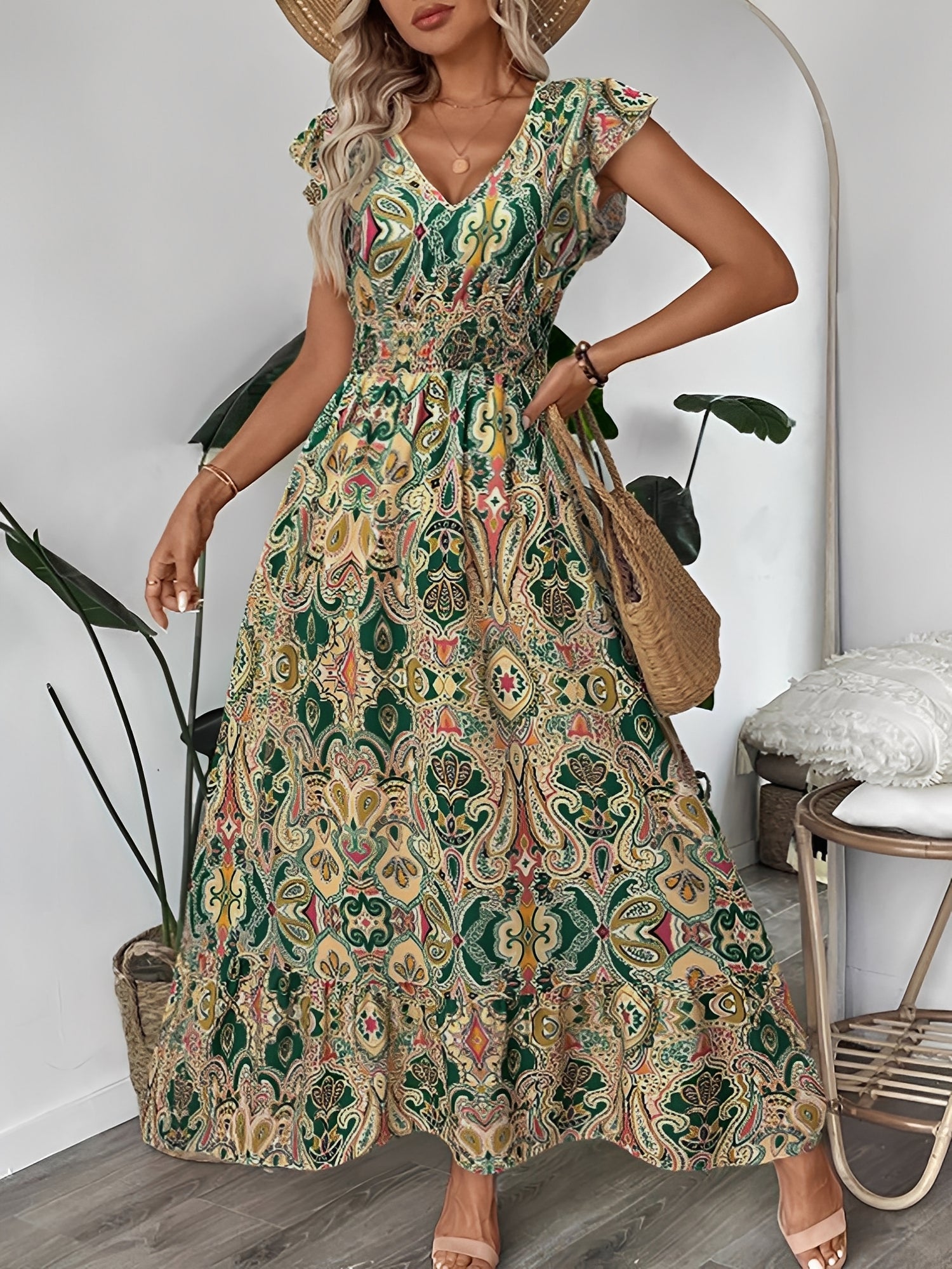 Boho Floral V Neck Ruffle Sleeves Smocked Long Dress