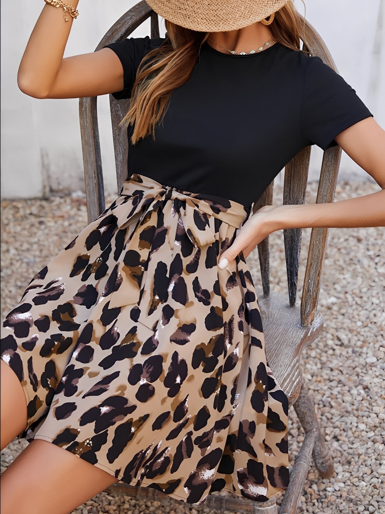 Leopard Patchwork Short Sleeves Tie Waist Dress
