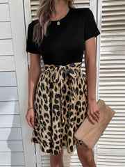 Leopard Patchwork Short Sleeves Tie Waist Dress