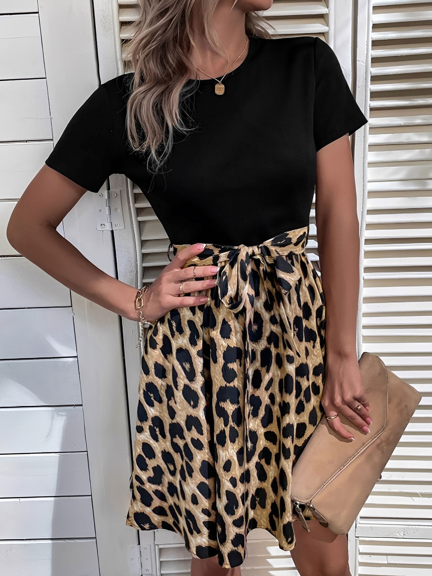 Leopard Patchwork Short Sleeves Tie Waist Dress