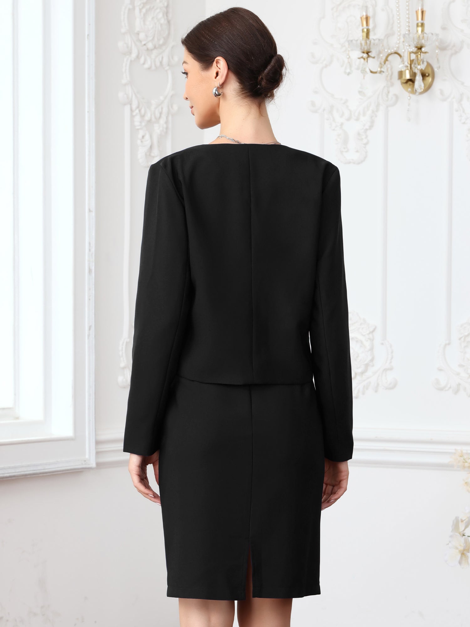 2 Pieces Office Work Open Front Cropped Blazer Jacket & Pencil Business Skirt Suit Set
