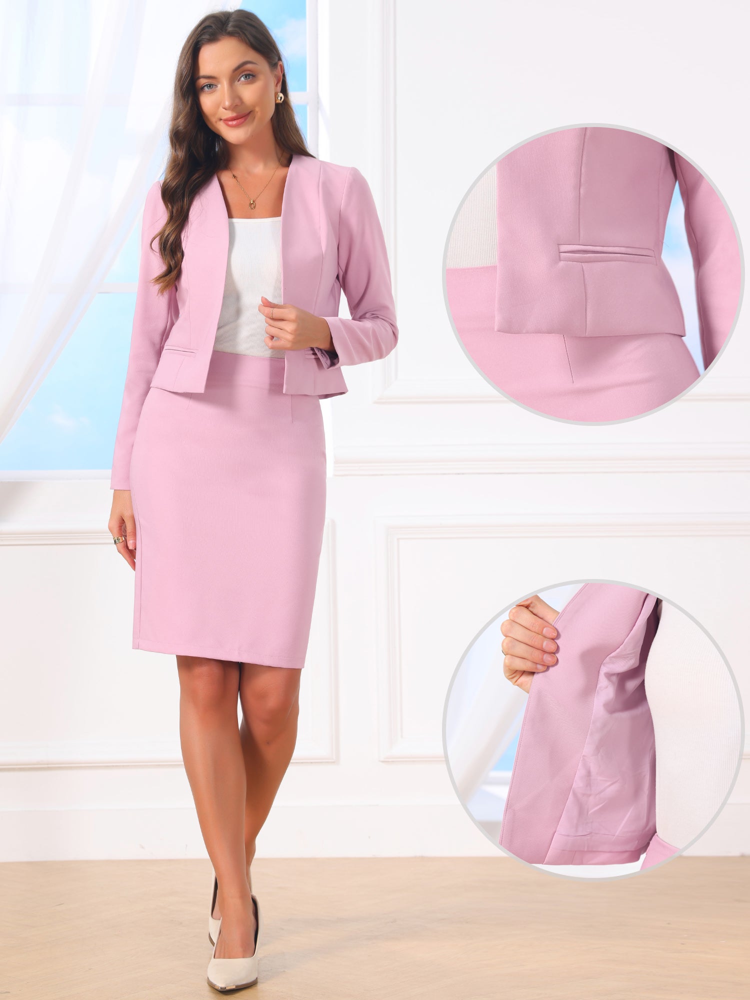 2 Pieces Office Work Open Front Cropped Blazer Jacket & Pencil Business Skirt Suit Set
