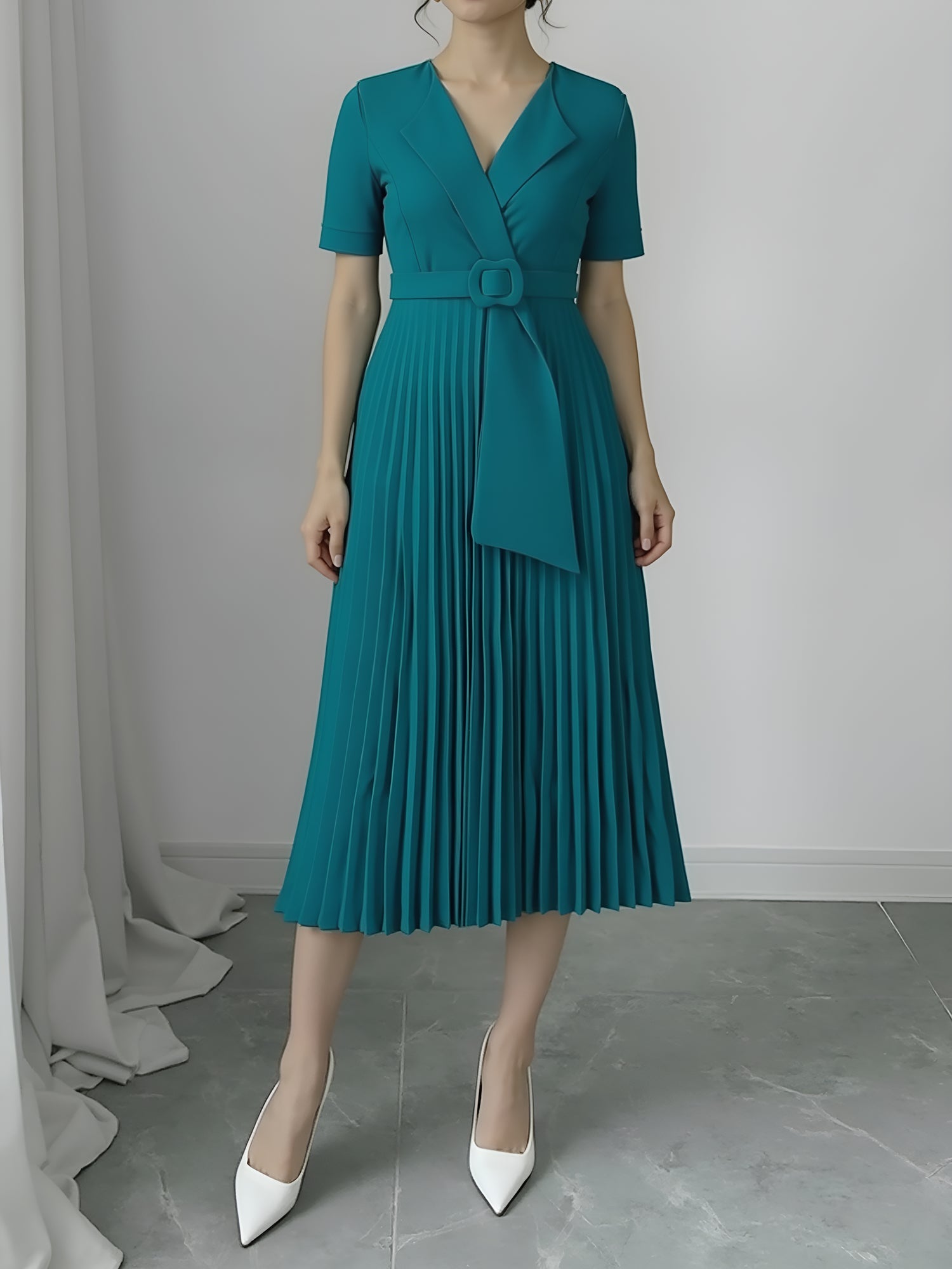 Lapel Belted Solid Color Pleated Midi Work Dress