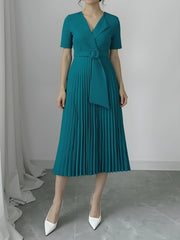 Lapel Belted Solid Color Pleated Midi Work Dress