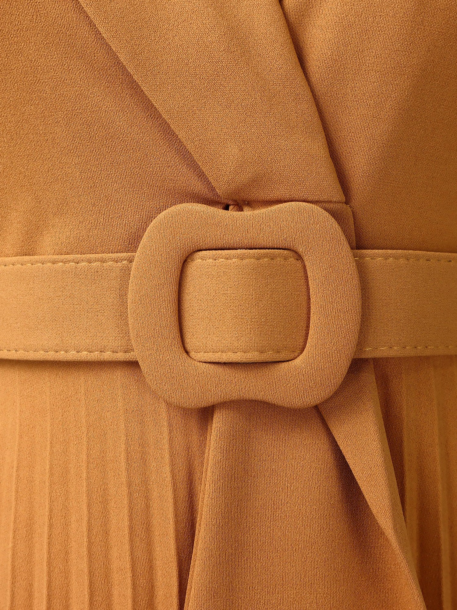 Lapel Belted Solid Color Pleated Midi Work Dress