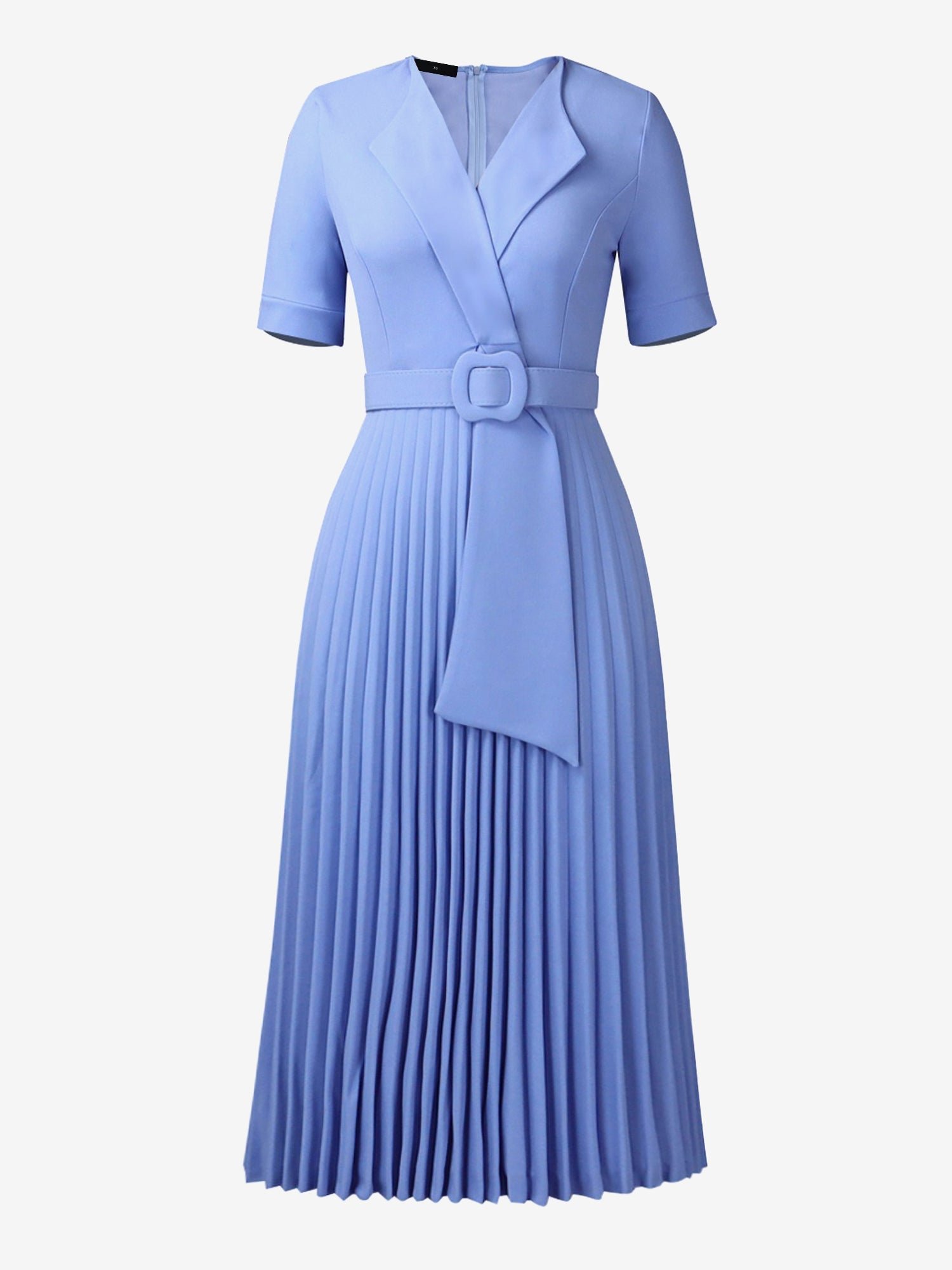 Lapel Belted Solid Color Pleated Midi Work Dress