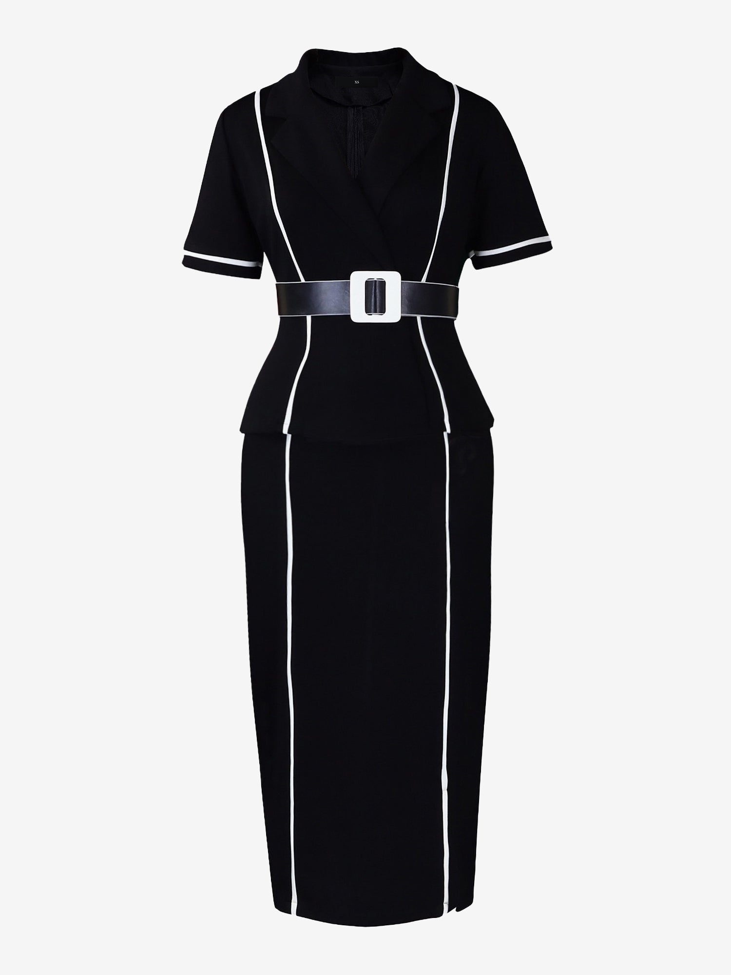 Notched Lapel Colorblock Belted Midi Sheath Dress