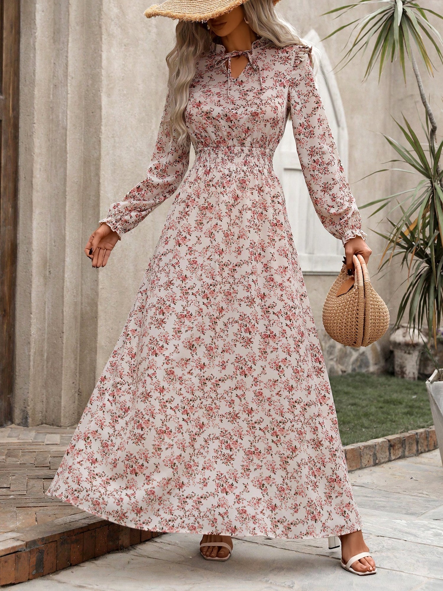 Printed Ruffled Long Sleeve Smocked Maxi Dress