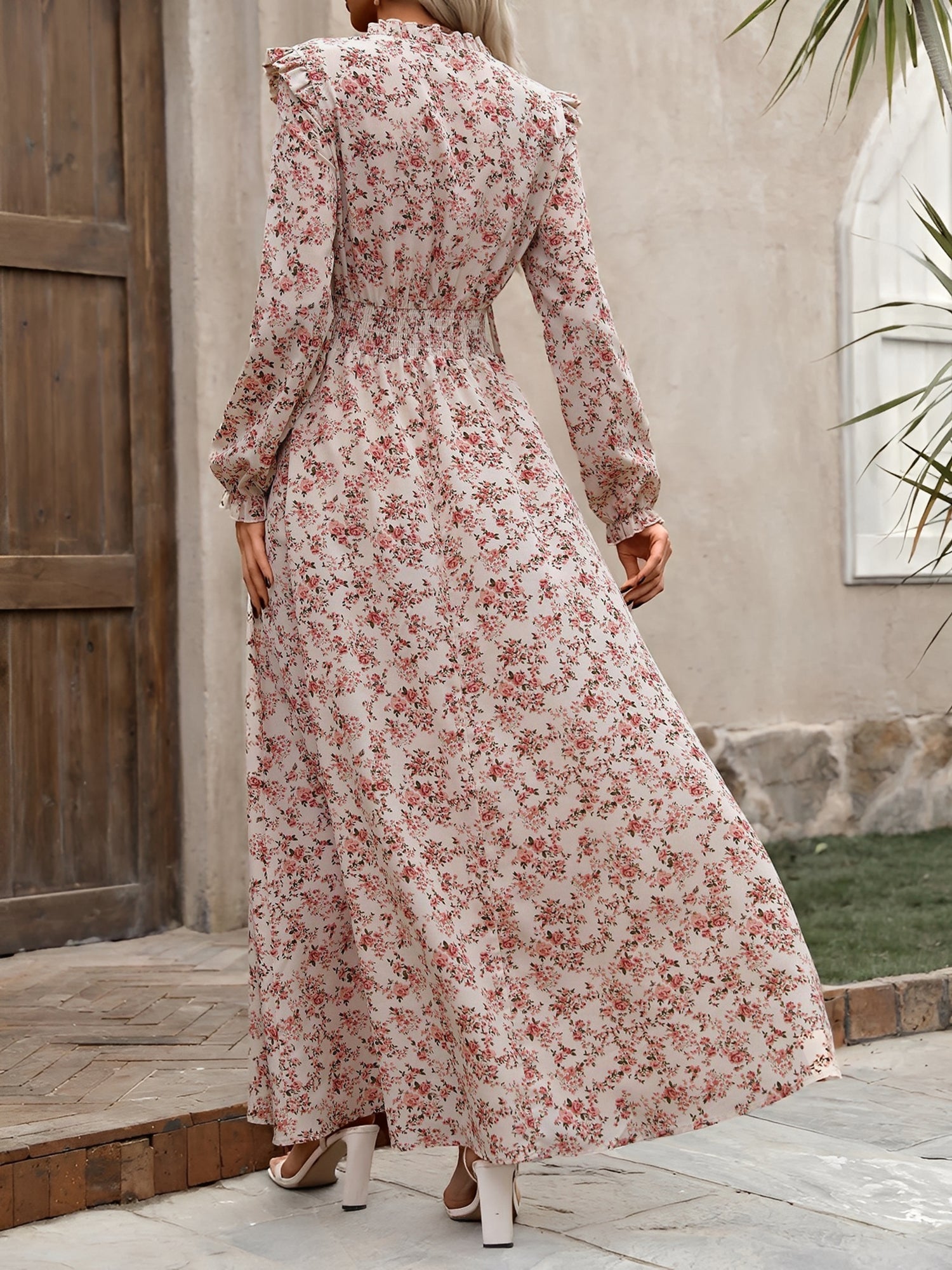 Printed Ruffled Long Sleeve Smocked Maxi Dress