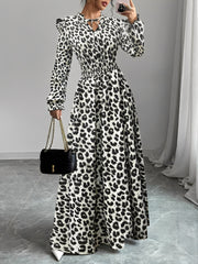 Printed Ruffled Long Sleeve Smocked Maxi Dress