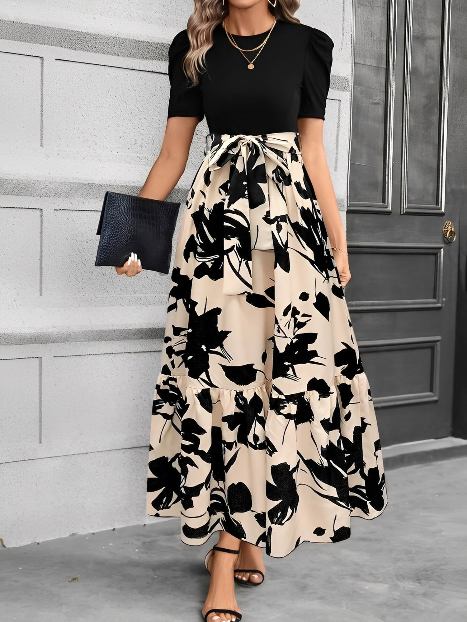 Printed Patchwork Tie Waist Maxi A-Line Dress