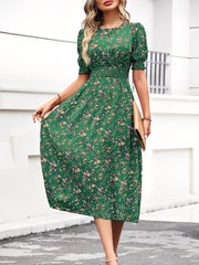 Floral Puff Sleeves Smocked Waist A-Line Midi Dress