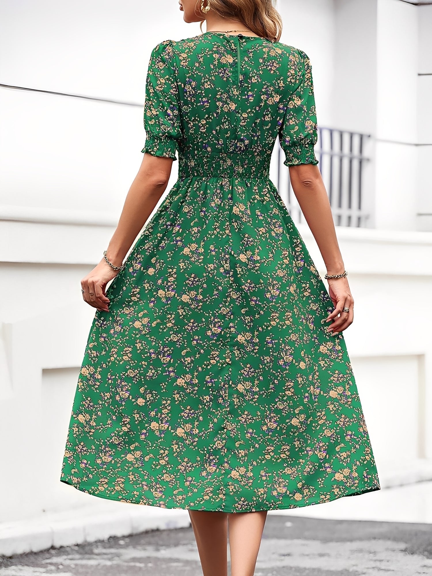 Floral Puff Sleeves Smocked Waist A-Line Midi Dress