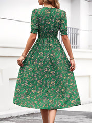 Floral Puff Sleeves Smocked Waist A-Line Midi Dress