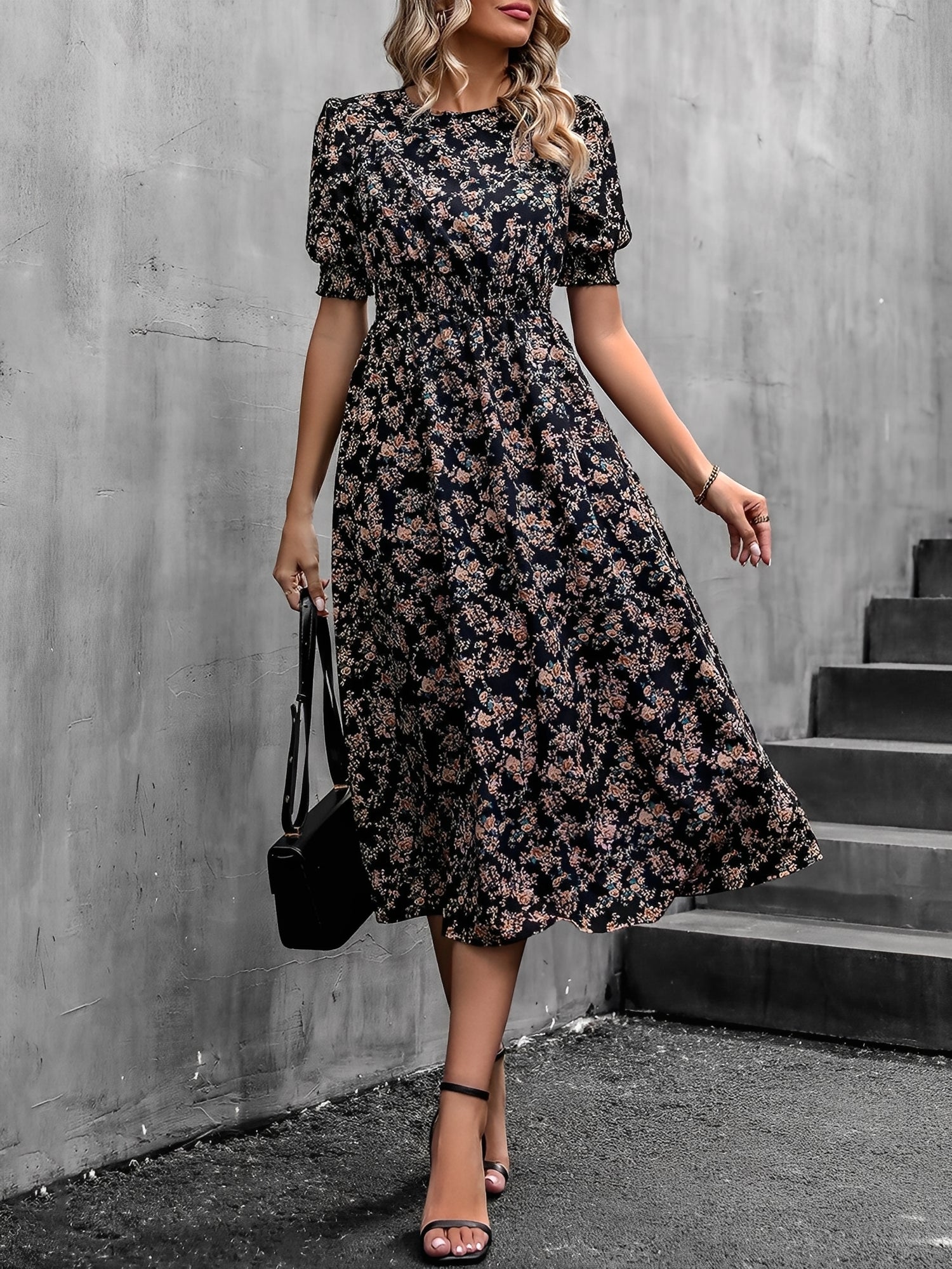 Floral Puff Sleeves Smocked Waist A-Line Midi Dress