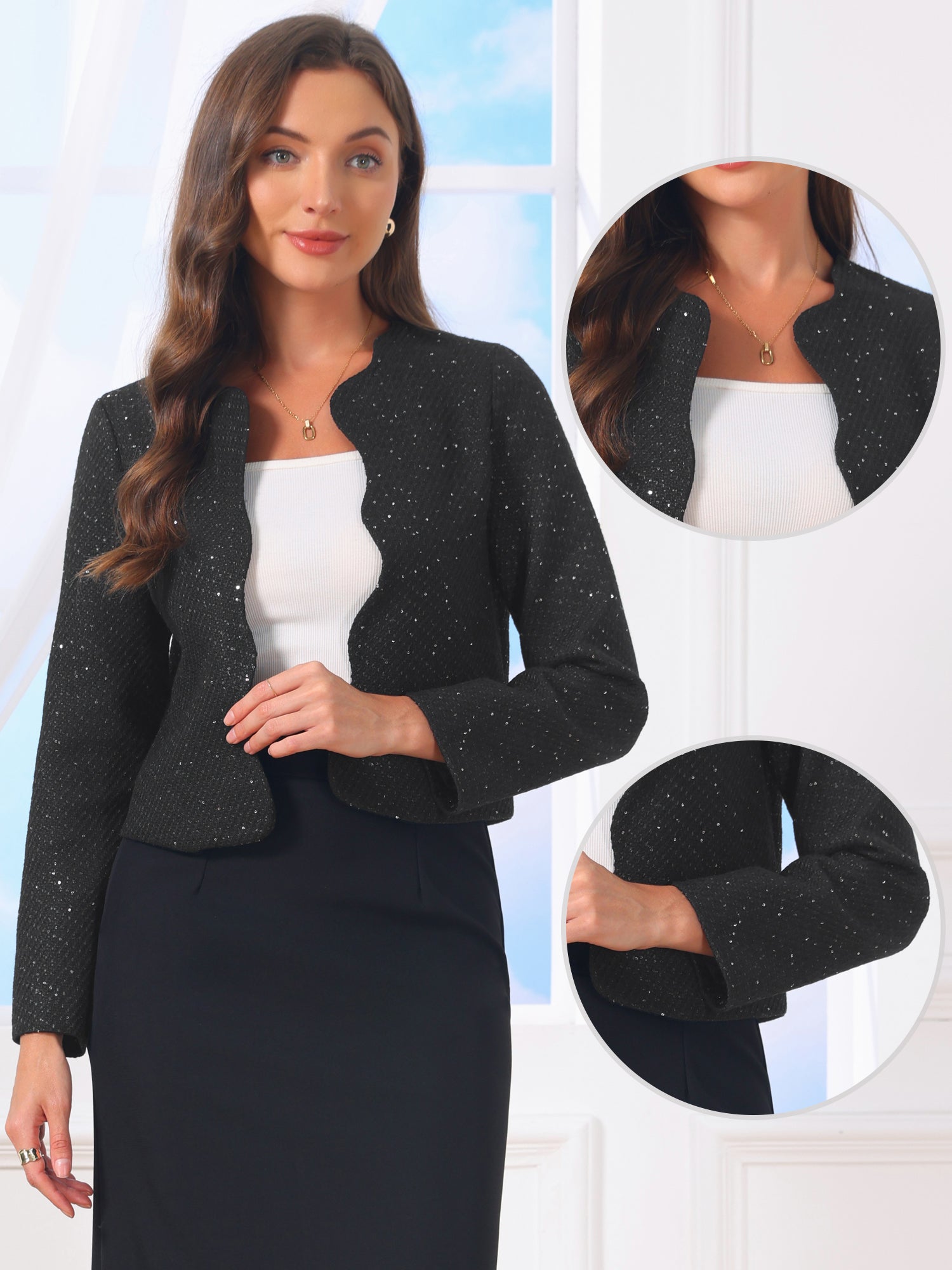 Tweed Collarless Open Front Work Business Cropped Jackets