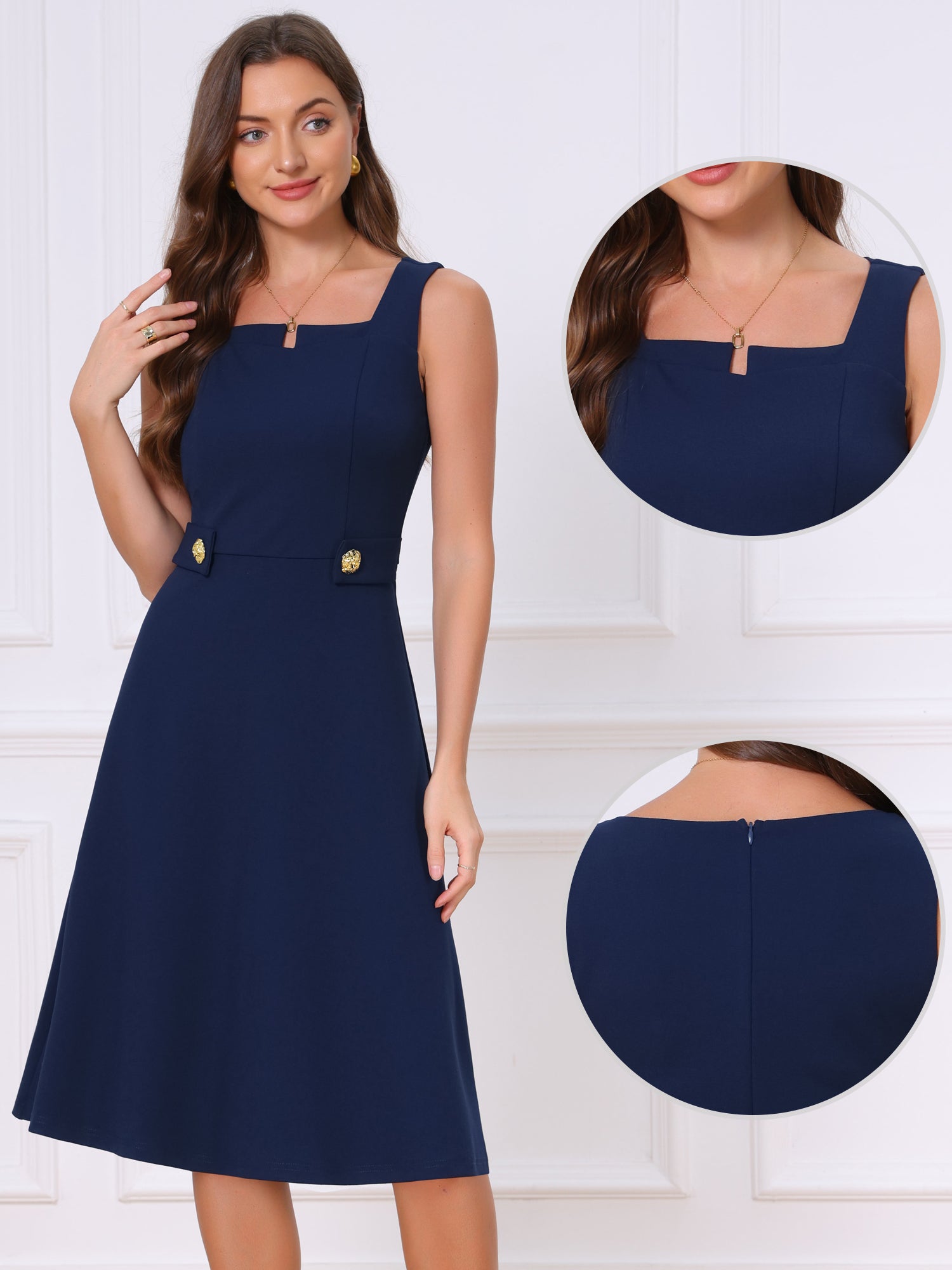 Square Neck Sleeveless Office Formal Work A-Line Dress